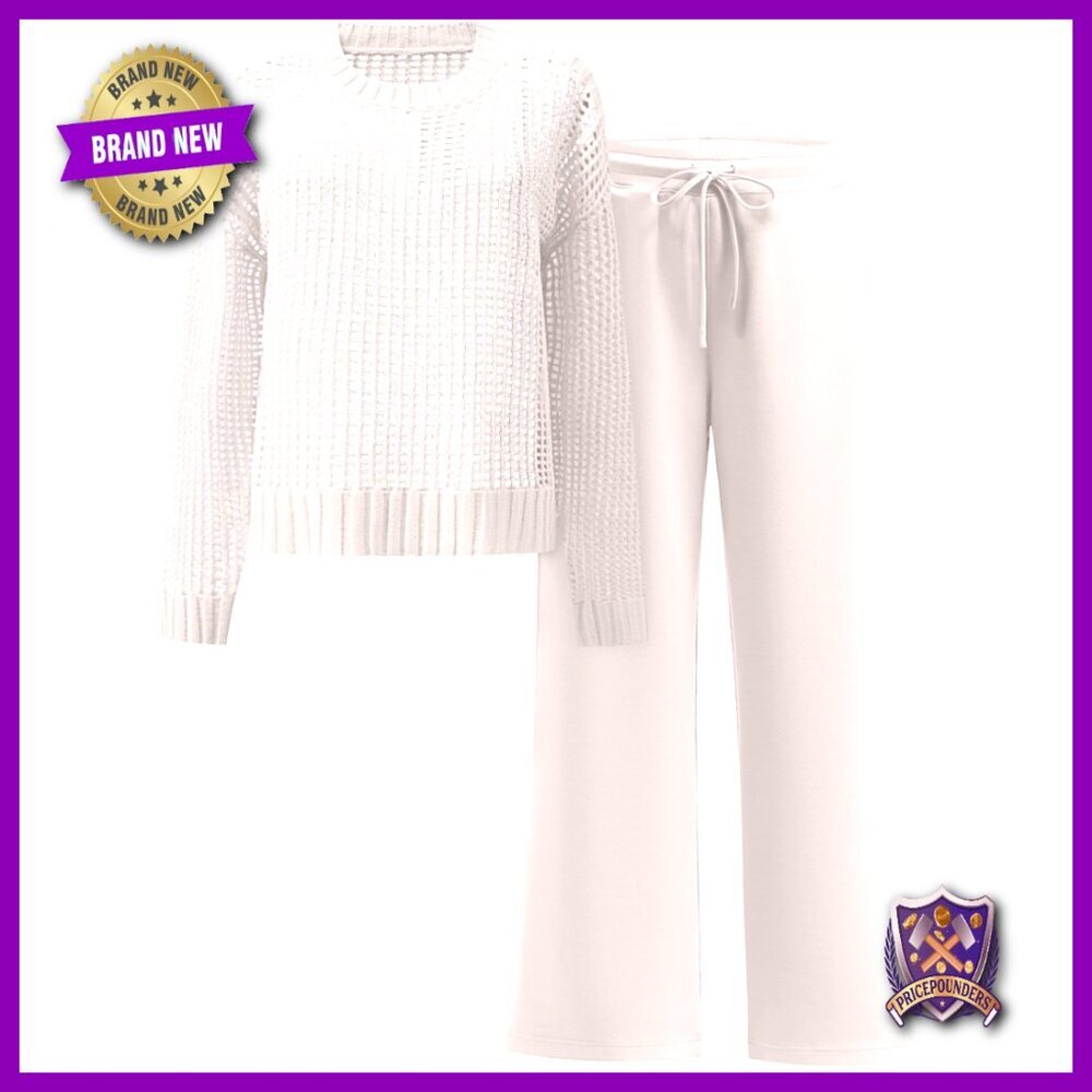 Crochet Sheer Knit Sweater Top Wide Leg Pants Lounge Set Travel Outfit